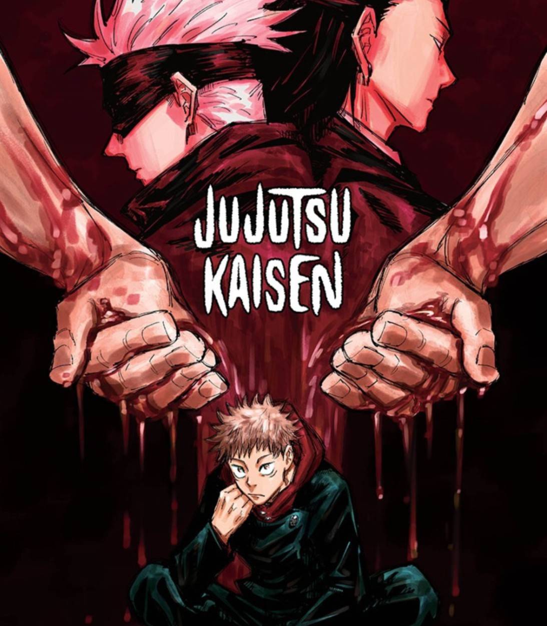 Yuji Itadori senta-se sob as figuras imponentes de Gojo e Kenjaku no pôster de Jujutsu Kaisen.