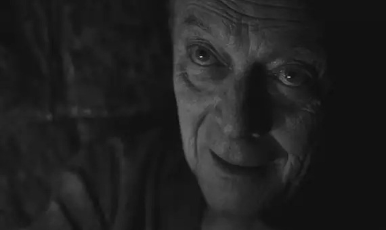 Michael Byrne em Harry Potter e as Relíquias da Morte: Parte 1, como Grindelwald envelhecido em cena escura