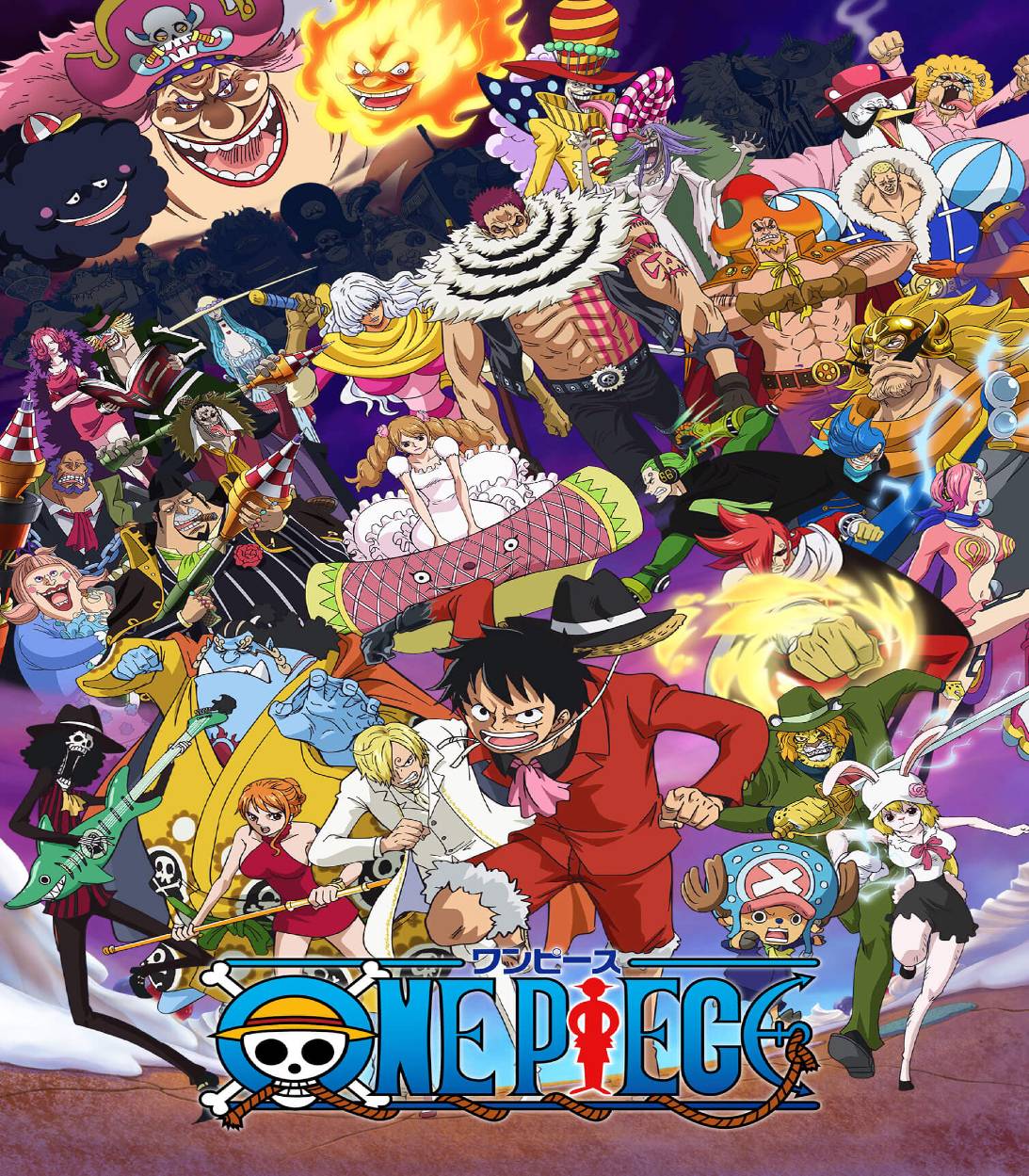 O elenco de One Piece, incluindo Brooke, Nami, Monkey D. Luffy, Sanji, Chopper e Carrot, correm juntos durante o Arco Whole Cake de One Piece.