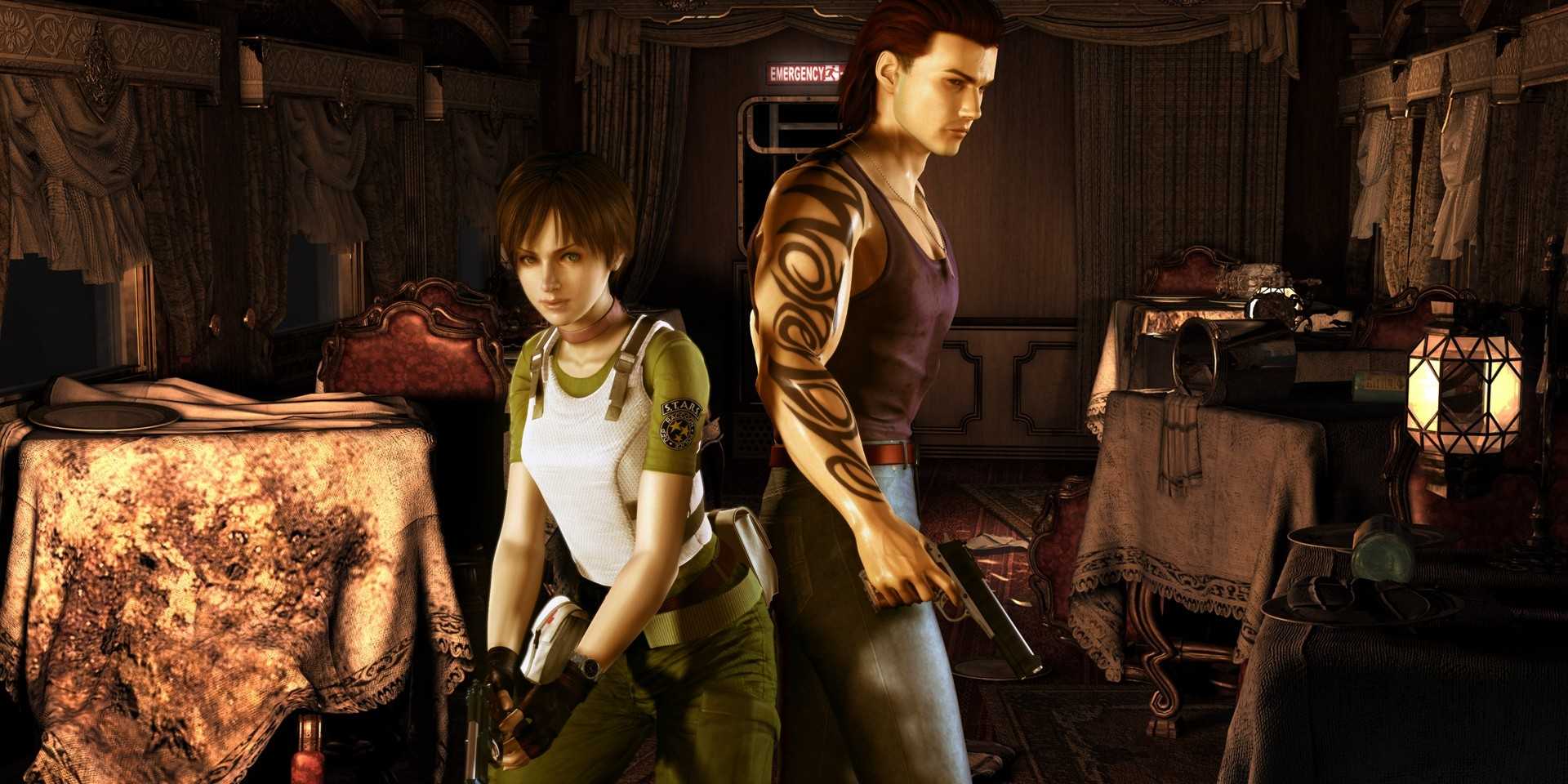 Rebecca e Billy de Resident Evil 0, prontos para a batalha com suas pistolas em punho.