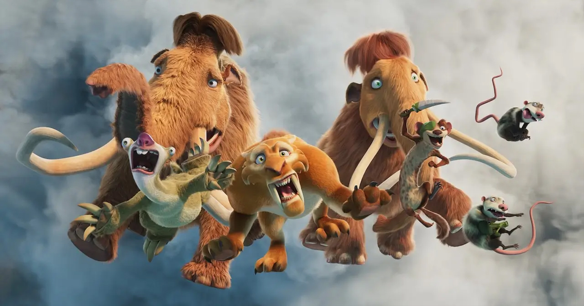 Manny, Sid, Diego, Ellie e Buck reunidos em cenário vulcânico de A Era do Gelo: Mundo de Lava