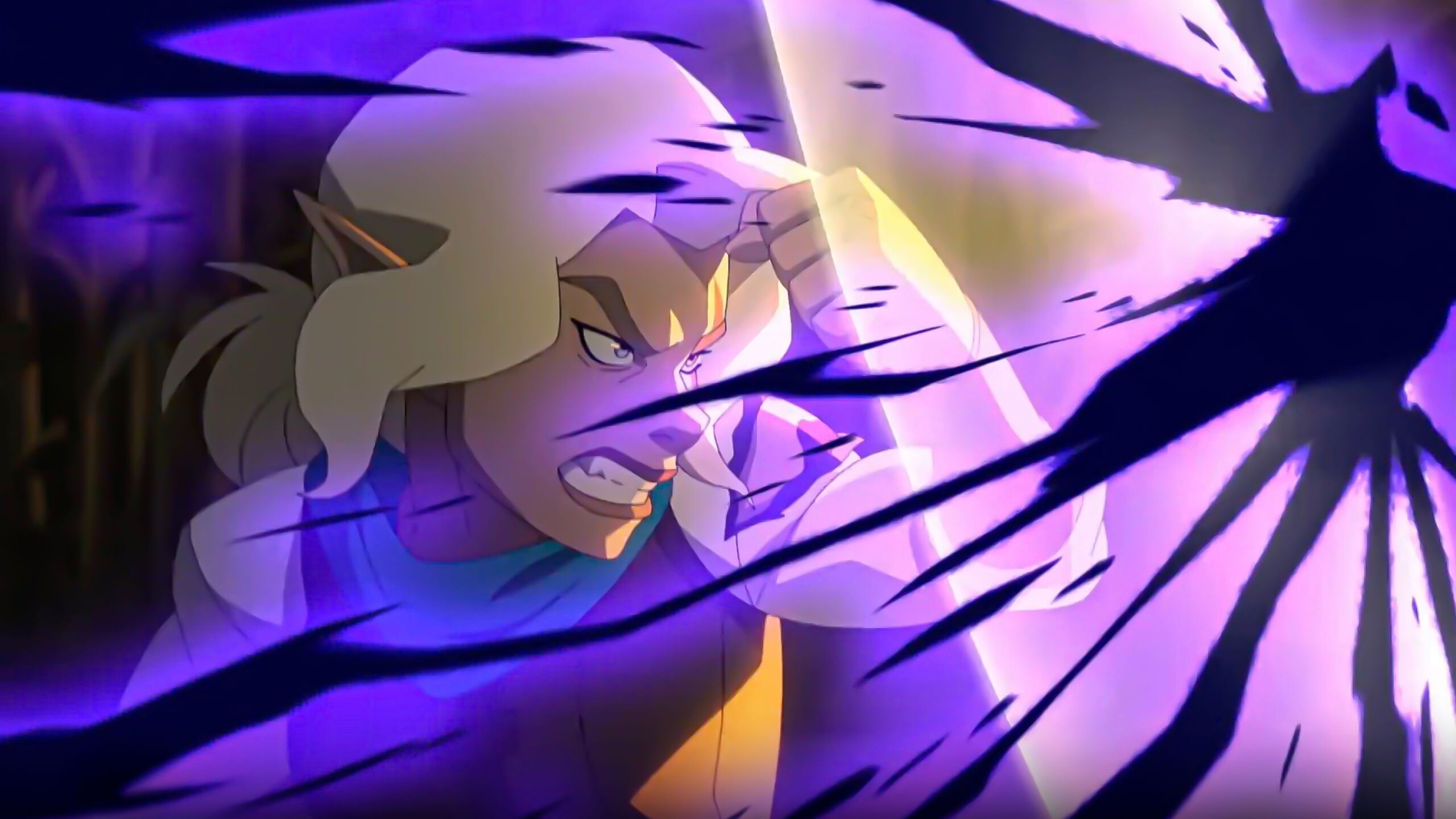 Personagem com armadura brilhando em ação de combate emitindo raios de energia