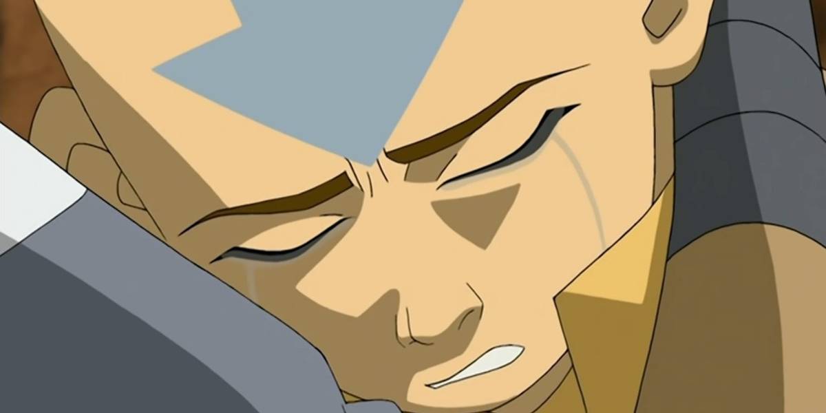 Aang chorando nos braços de Katara em Avatar: The Last Airbender