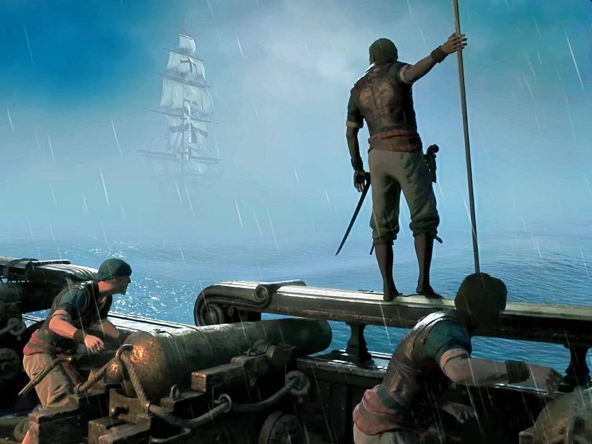 Cena de gameplay de Assassin’s Creed Black Flag Resynced com combate naval em mar aberto e explosões