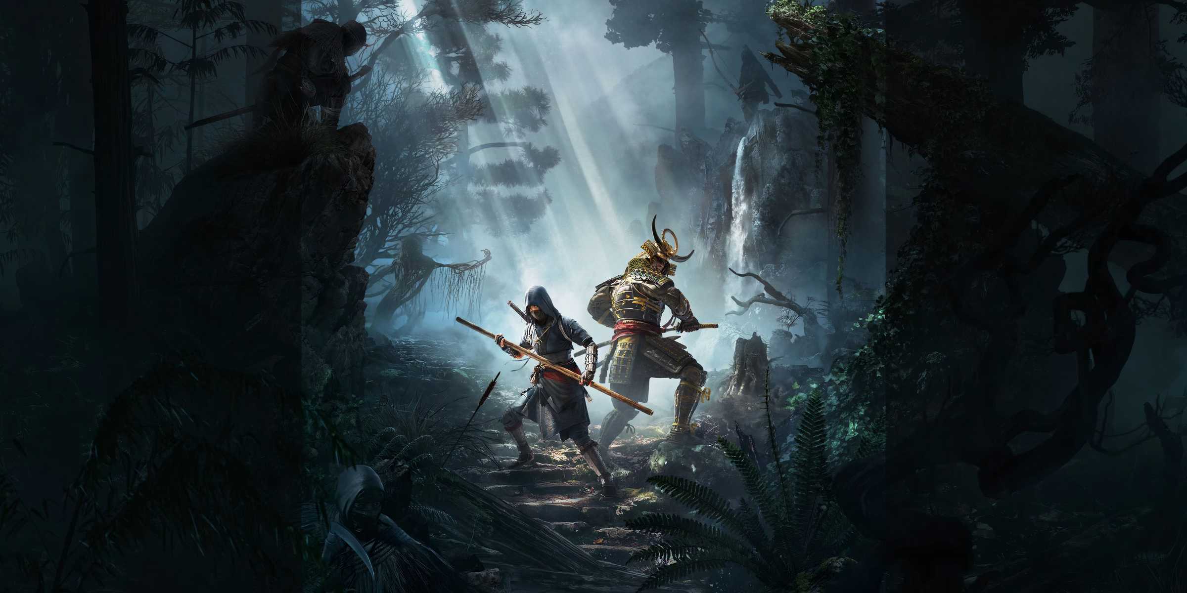 Arte principal de Assassin's Creed Shadows Claws Of Awaji, apresentando Yasuke e Naoe em posturas defensivas em um caminho escuro na floresta