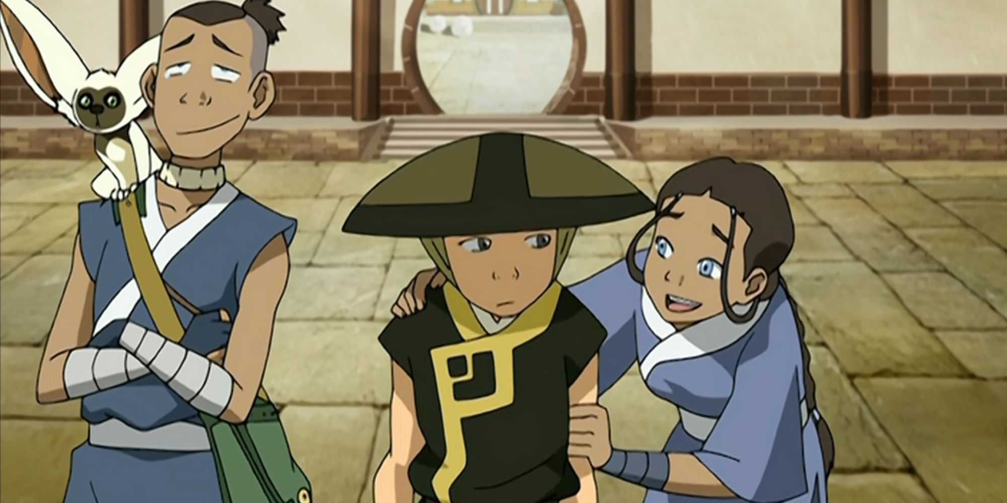 Avatar Aang consolado por Korra rindo Sokka