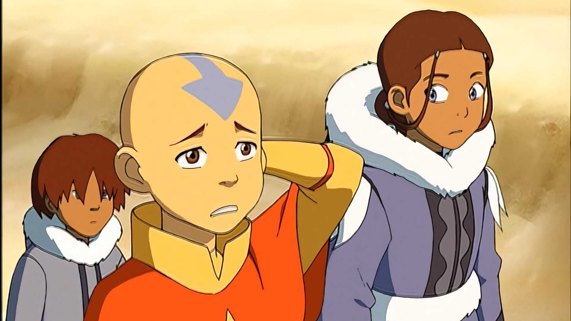 Aang e Katara parecendo inseguros em Avatar: The Last Airbender
