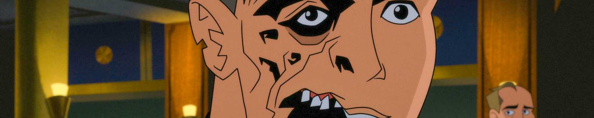 Close de Harvey Dent com o rosto queimado em Batman: Caped Crusader Temporada 1