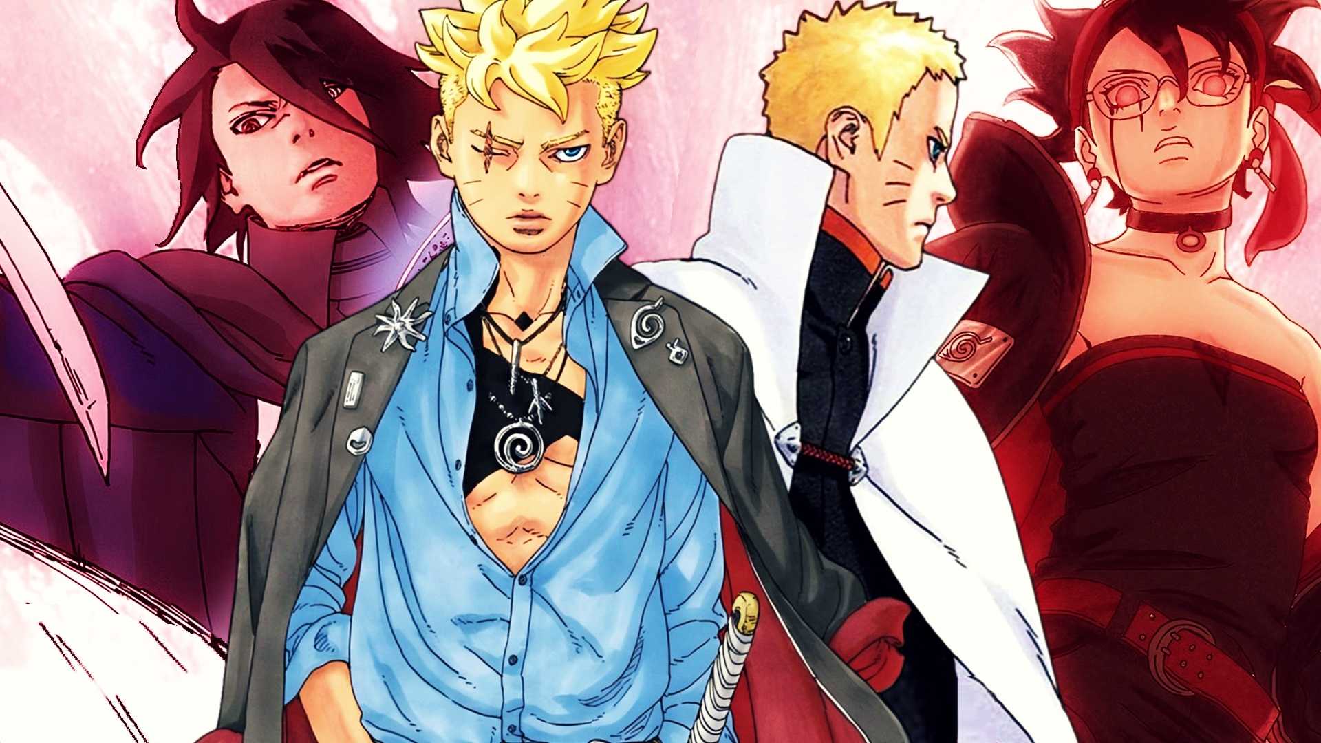 Boruto e Naruto na frente de Sasuke e Sarada de Boruto Two Blue Vortex