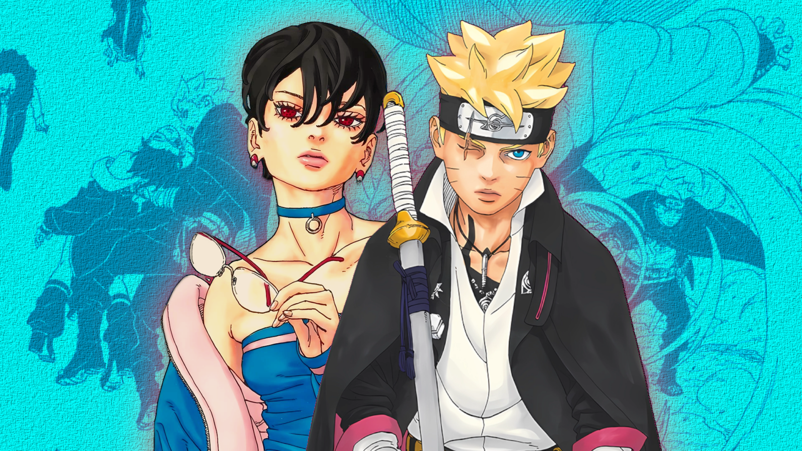 Sarada Uchiha em Boruto: Two Blue Vortex com o Mangekyo Sharingan ativado, expressão cansada e clima de tensão