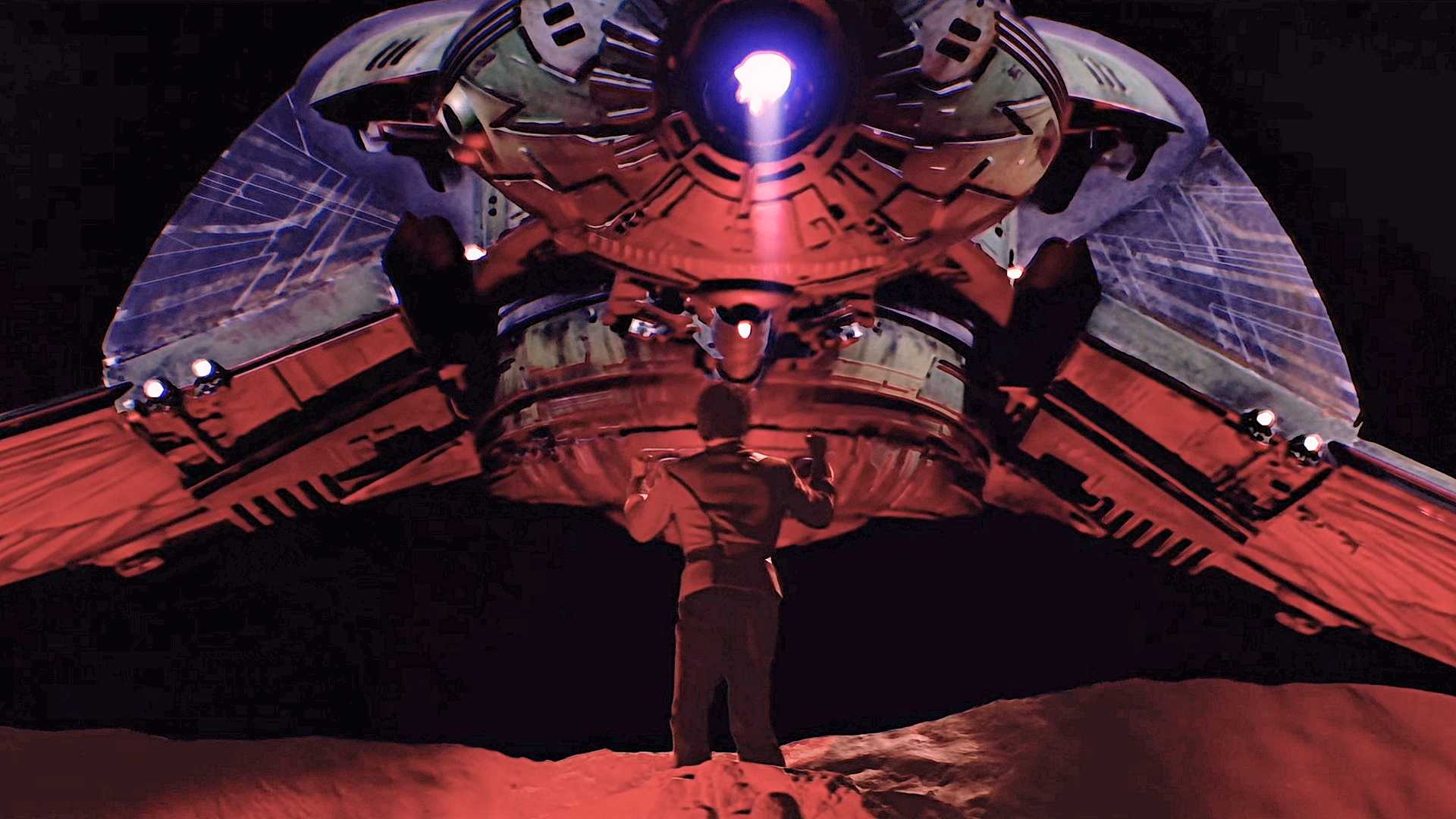 Capitão Kirk em um uniforme vermelho, em pé em um penhasco, de costas para a câmera, com um Bird of Prey pairando à sua frente