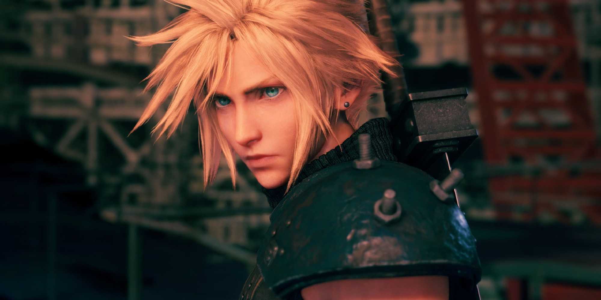Cloud Strife de Final Fantasy 7 olhando por cima do ombro