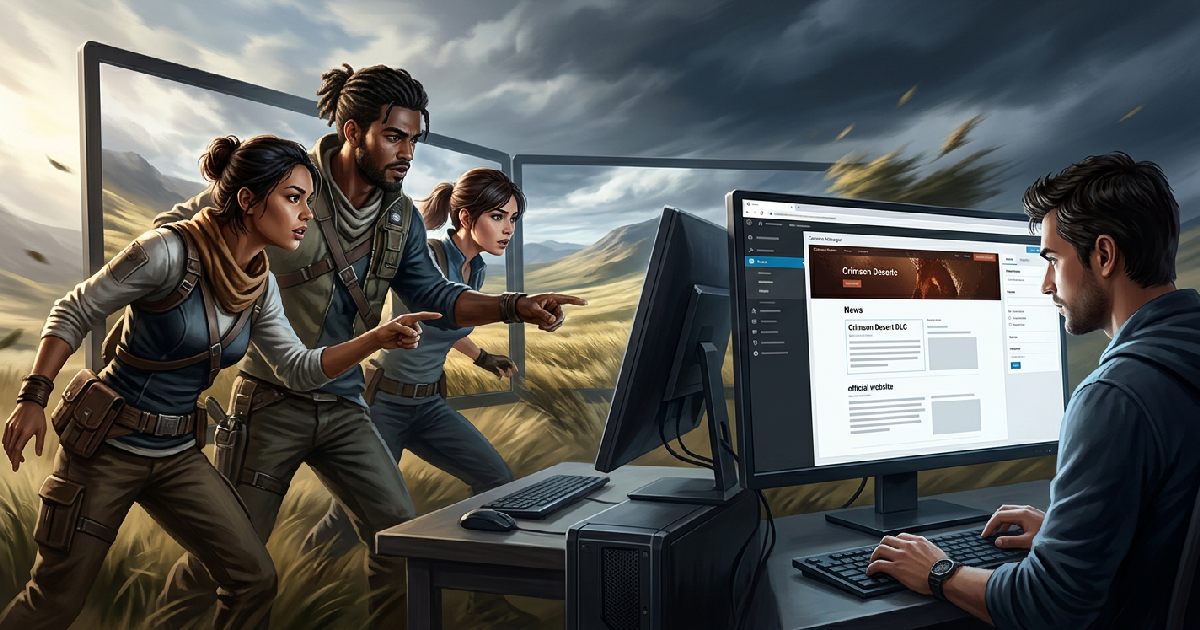Montagem com Kliff, Damiane e Oongka lado a lado em Crimson Desert, foco no trio de protagonistas