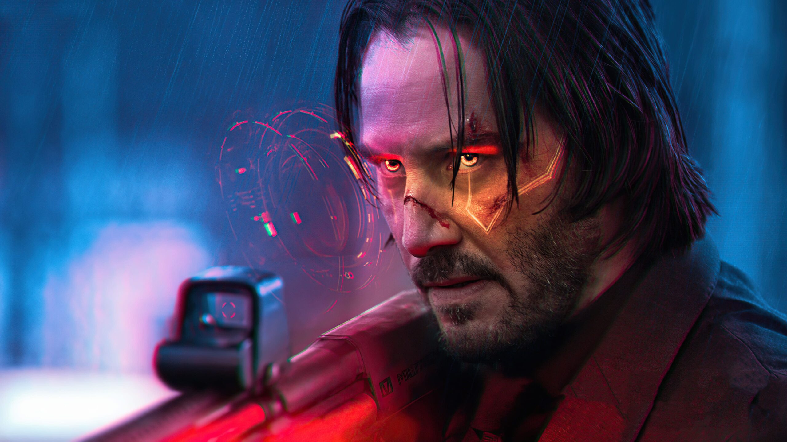 Cyberpunk 2077 Keanu Reeves com luz vermelha