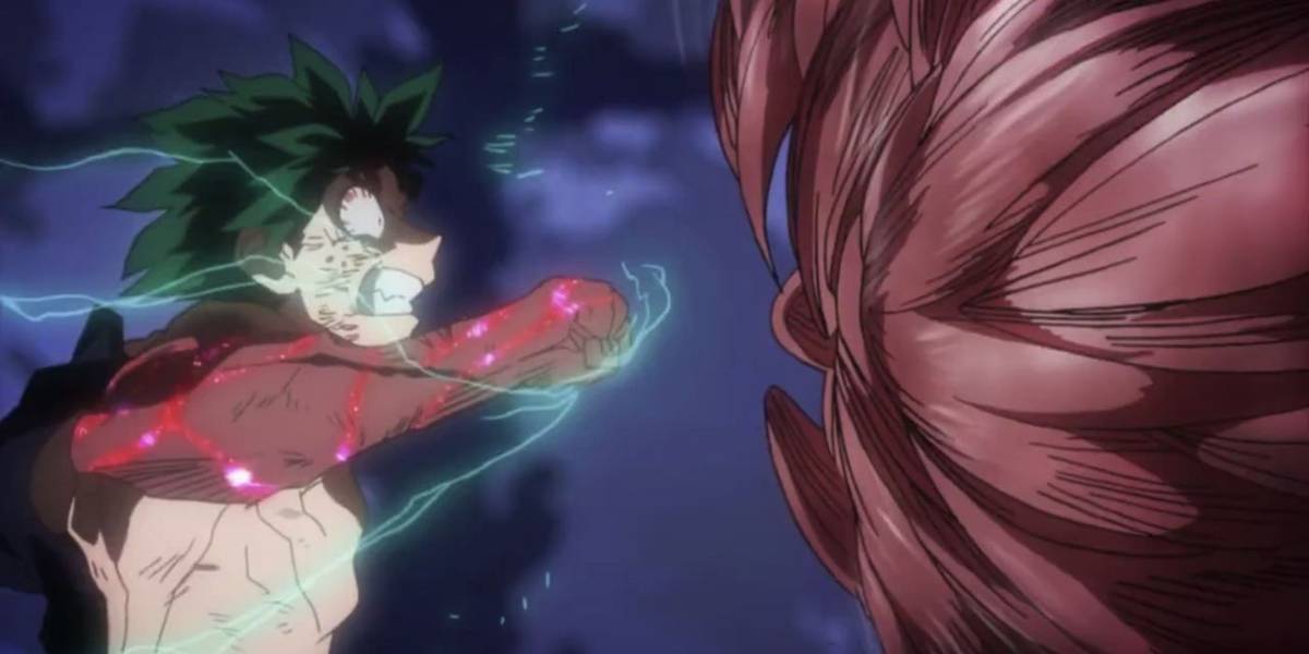 Deku gravemente ferido socando Muscular em My Hero Academia