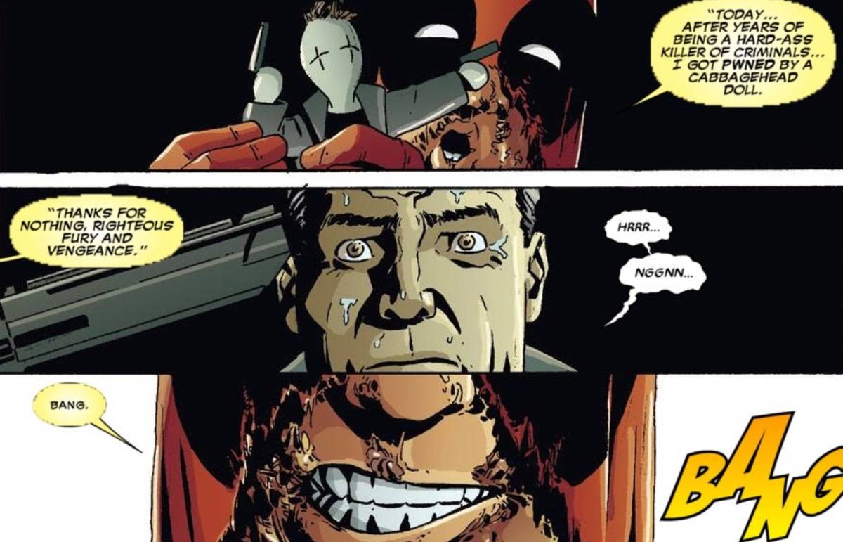 Deadpool controlando o Punisher com um dos fantoches do Puppet Master.