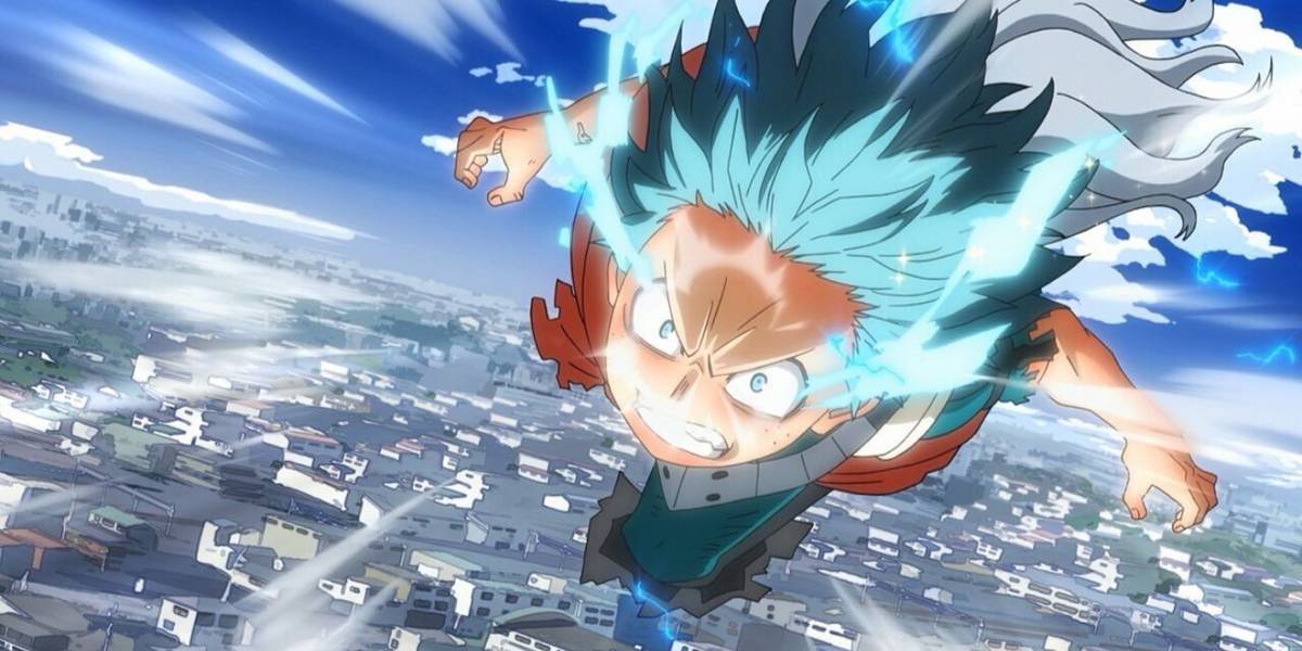 Deku voando em direção à câmera em My Hero Academia.