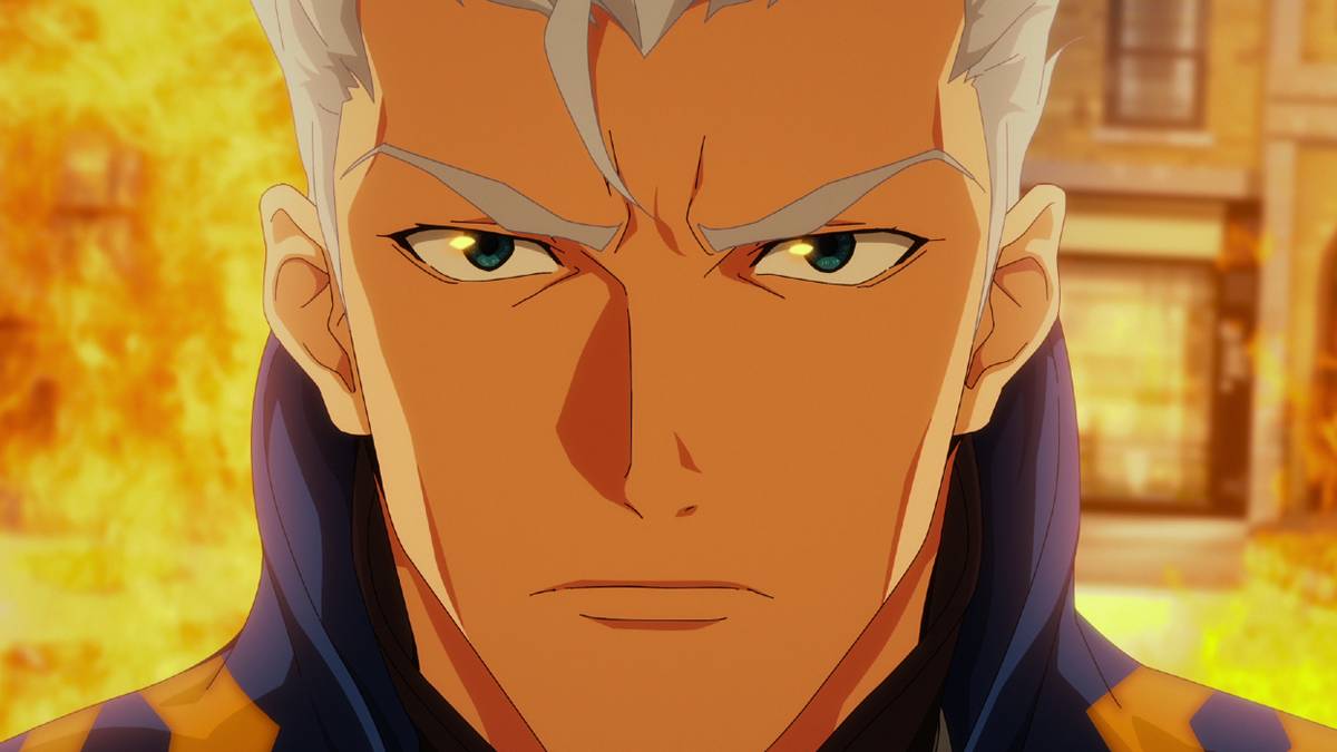 Cena de ação de Devil May Cry com Dante em combate estilizado, espadas e demônios ao fundo