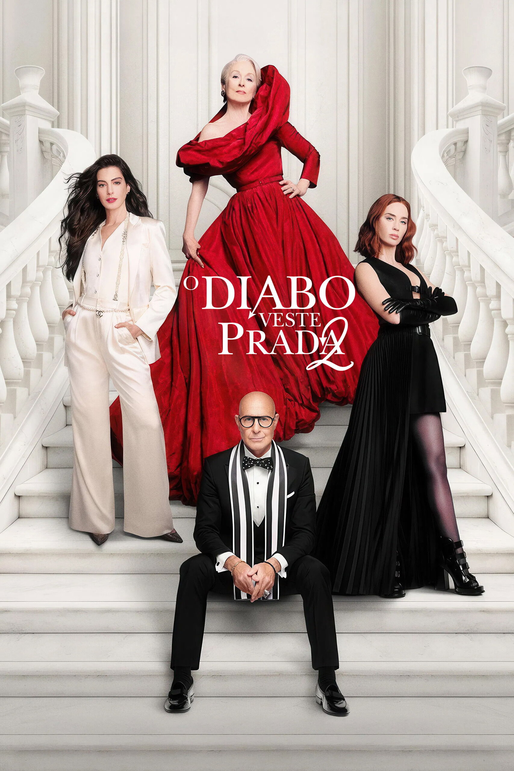 Pôster oficial de O Diabo Veste Prada 2 com o elenco principal incluindo Meryl Streep, Anne Hathaway e Emily Blunt