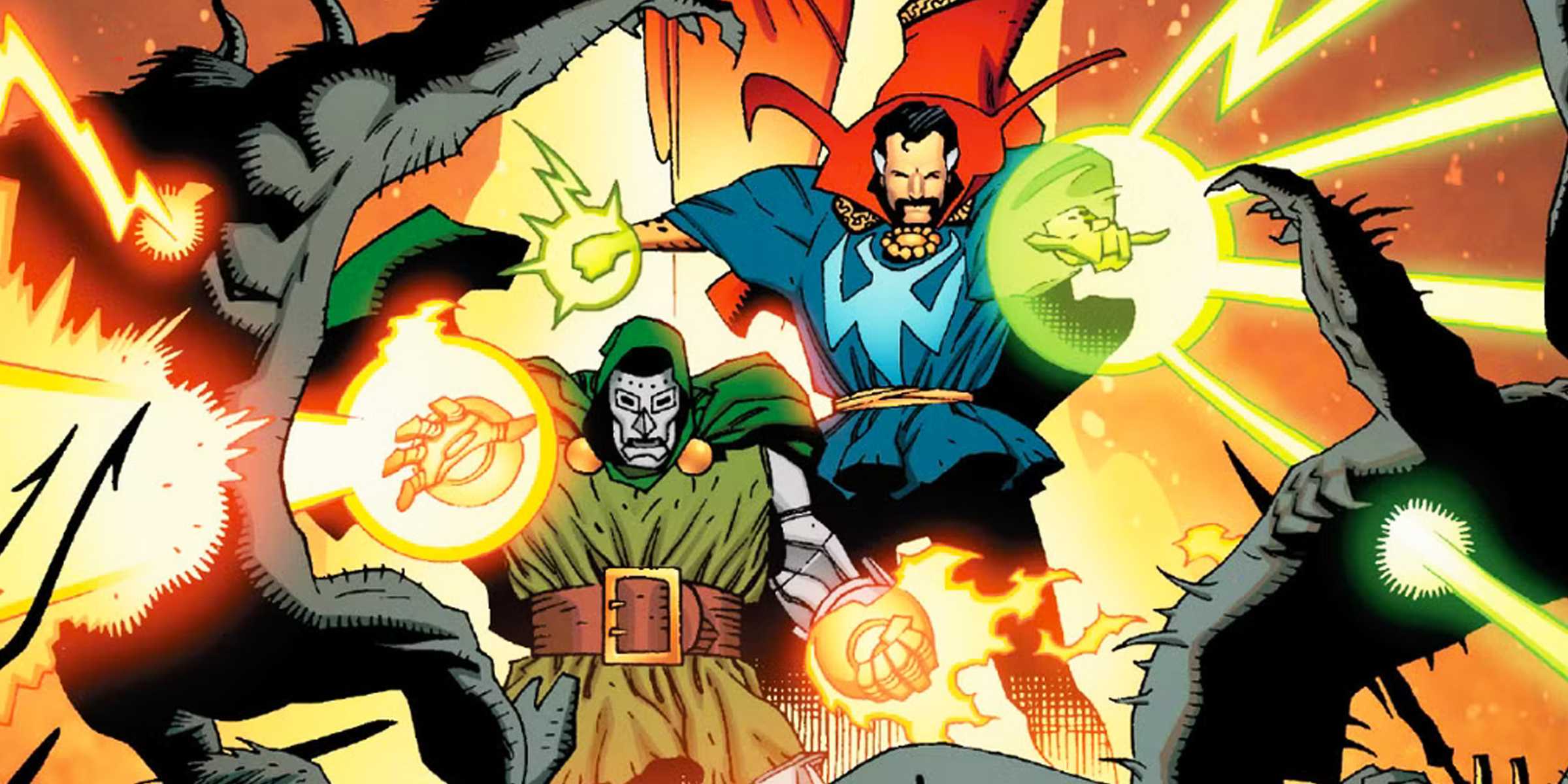 Doctor Doom e Doctor Strange lutando contra os demônios de Mephisto para salvar Cynthia Von Doom em Marvel Comics