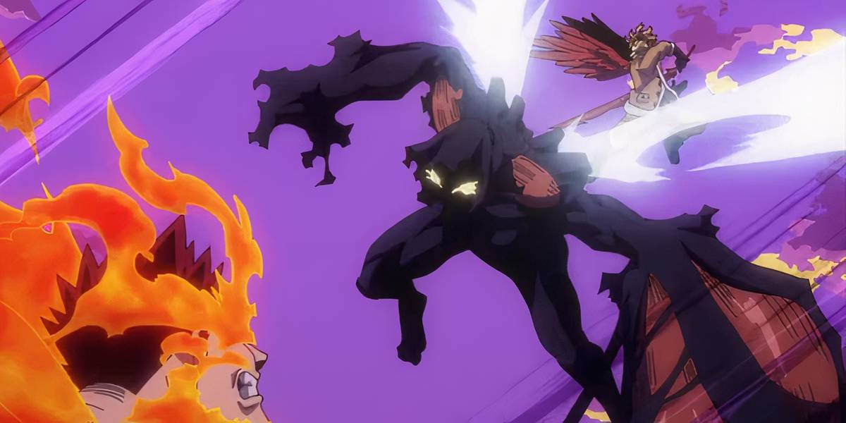 Endeavor olhando para cima enquanto Hood se aproxima com Hawks atrás dele em My Hero Academia
