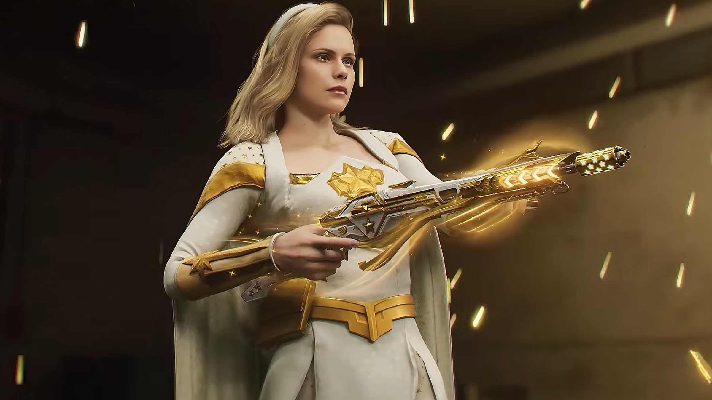 Erin Moriarty como Starlight mirando sua arma temática com faíscas ao redor em Call of Duty Mobile x The Boys