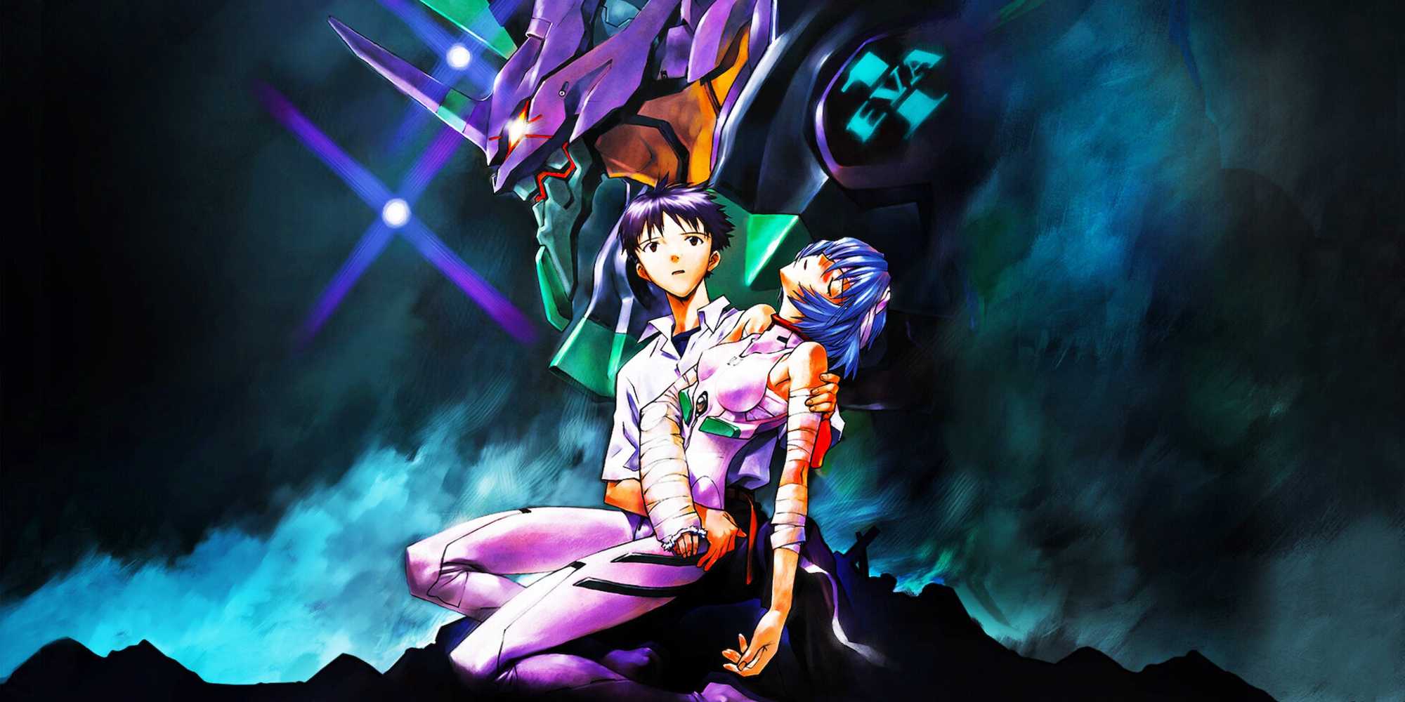 Arte promocional de Neon Genesis Evangelion apresentando Shinji e Rei.