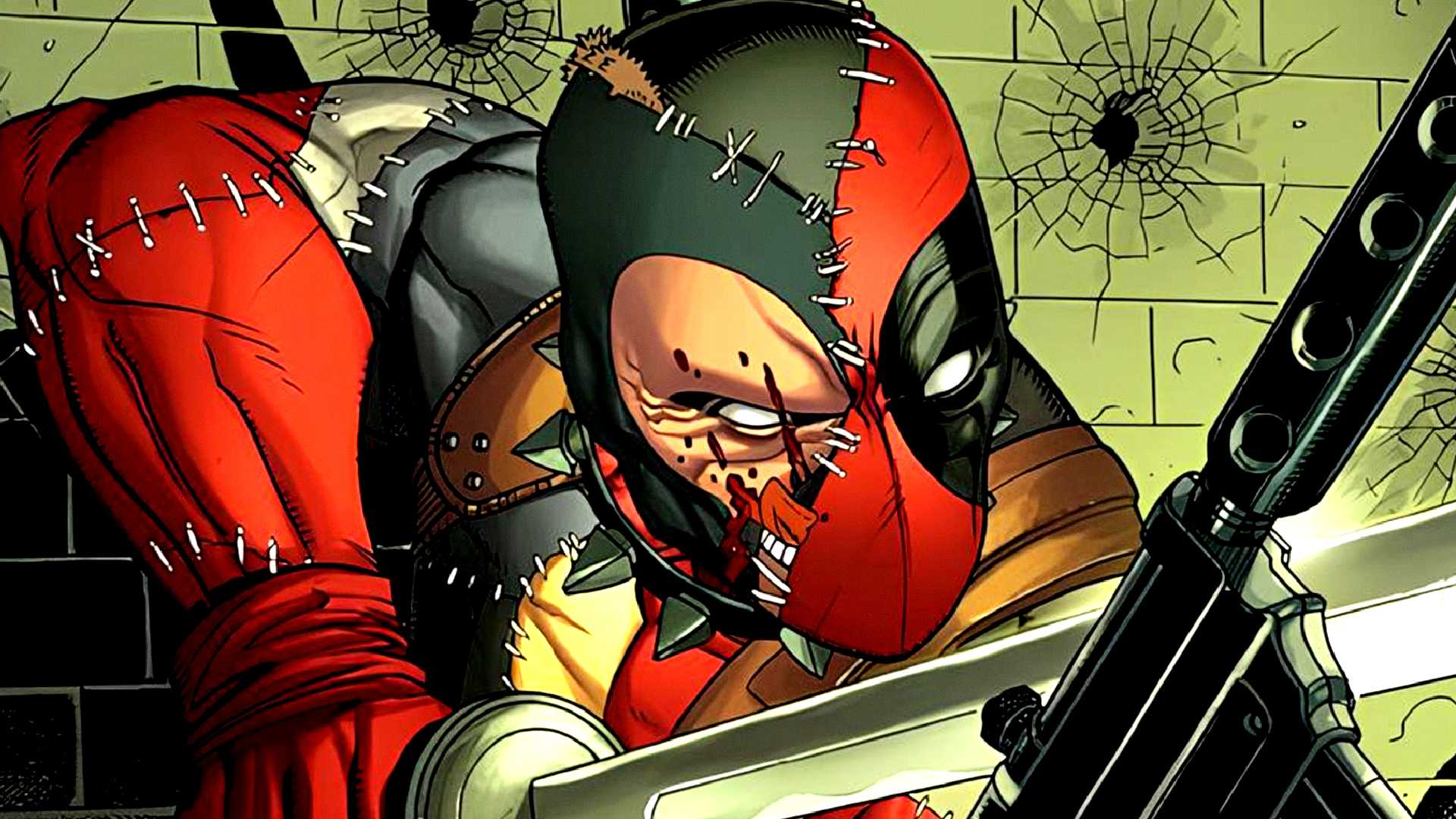 Evil Deadpool empunha uma lâmina e uma metralhadora em Marvel Comics