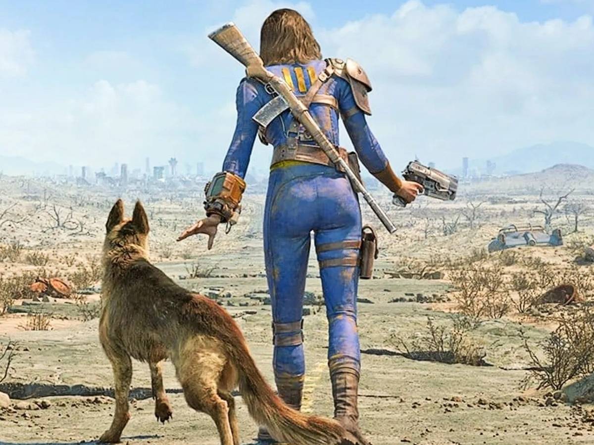 Cena ampla de wasteland em Fallout com cenário desértico, destroços retrofuturistas e sobreviventes