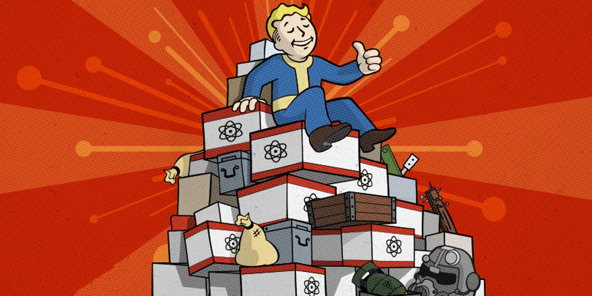 Vault Boy de Fallout 76 sentado em cima de caixas de Átomos e Itens contra fundo vermelho