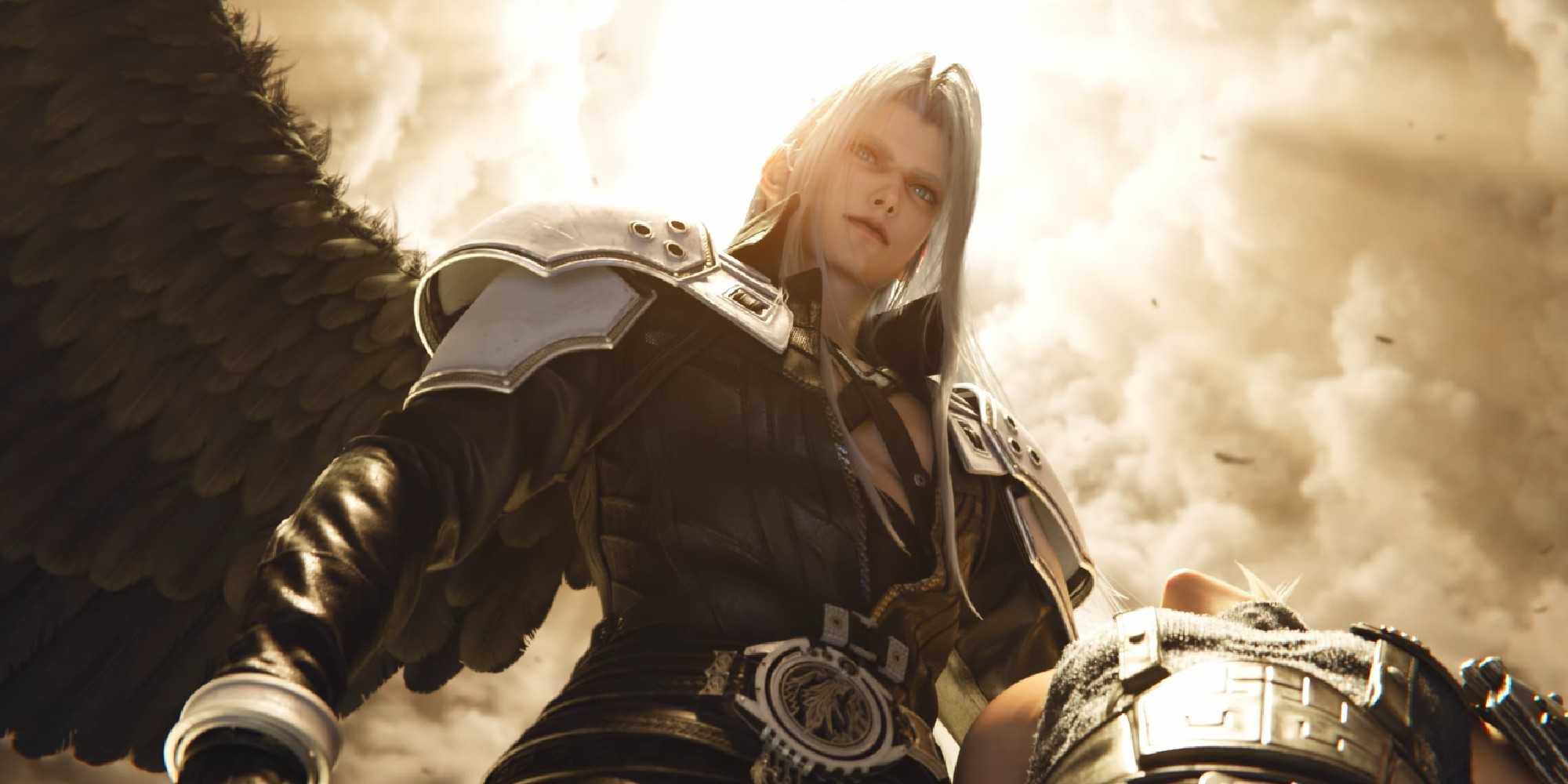 Final Fantasy 7 Revelation Sephiroth visto de baixo com luz passando pelas nuvens acima