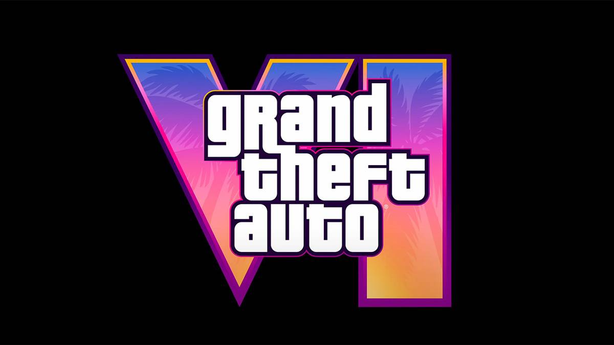 Key art promocional de GTA 6 com Lucia e Jason em frente a carro esportivo e cenário neon de Vice City