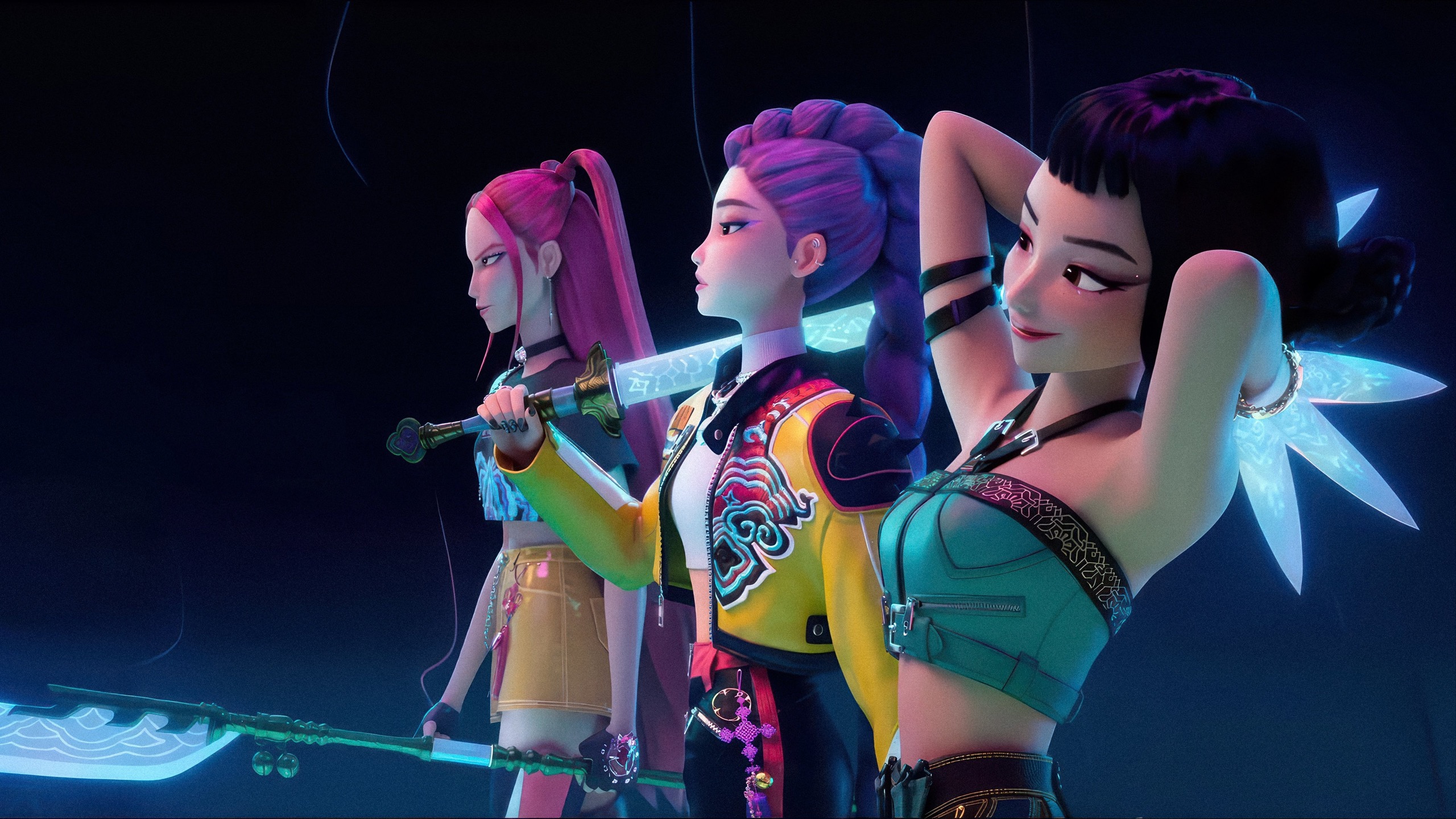 Perfil de três personagens femininas em close segurando armas brilhantes contra fundo escuro com iluminação ciano e púrpura