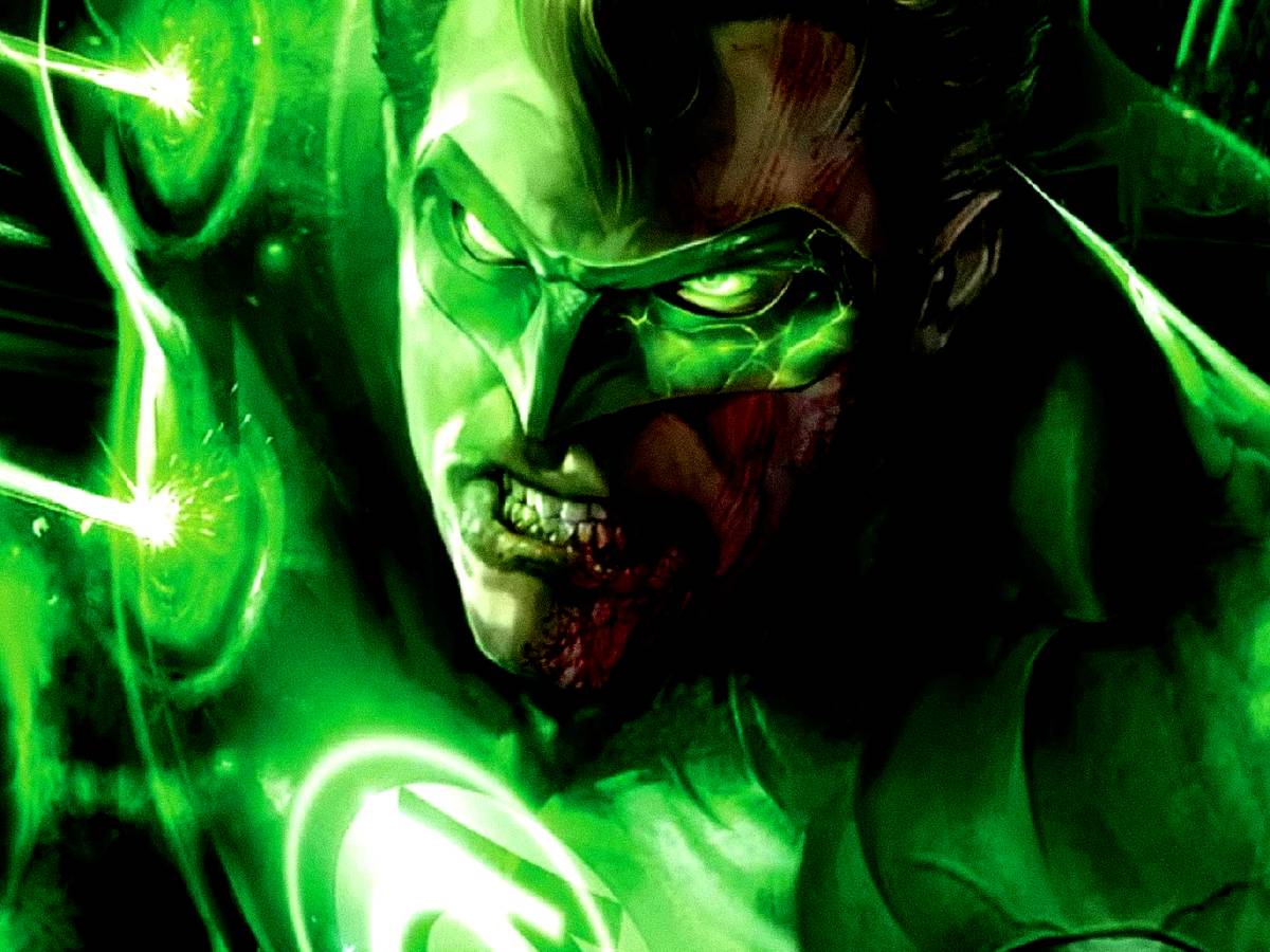 Guy Gardner em visual inspirado no DCU, uniforme verde e cabelo tigela, ao lado do símbolo dos Lanternas Verdes