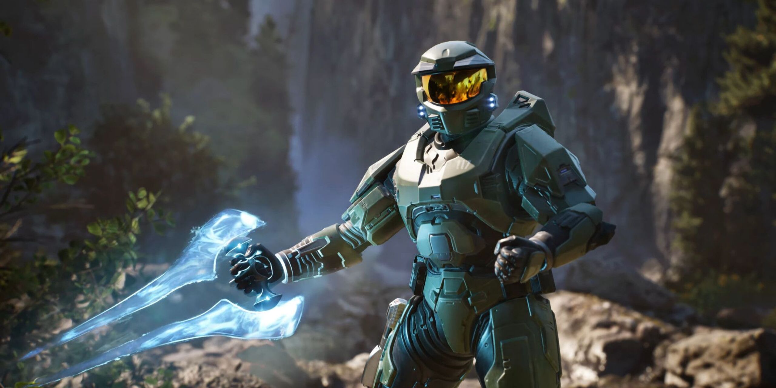 Personagem em armadura de combate avançada em cenário de batalha