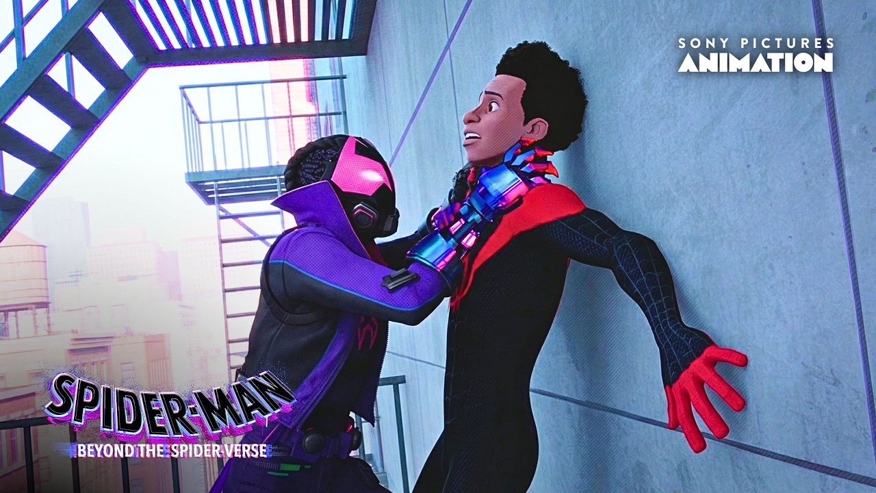 Cena estilizada de Miles Morales encarando sua versão alternativa, clima de confronto no multiverso