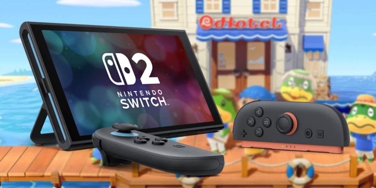 Console Nintendo Switch 2 com fundo de Animal Crossing