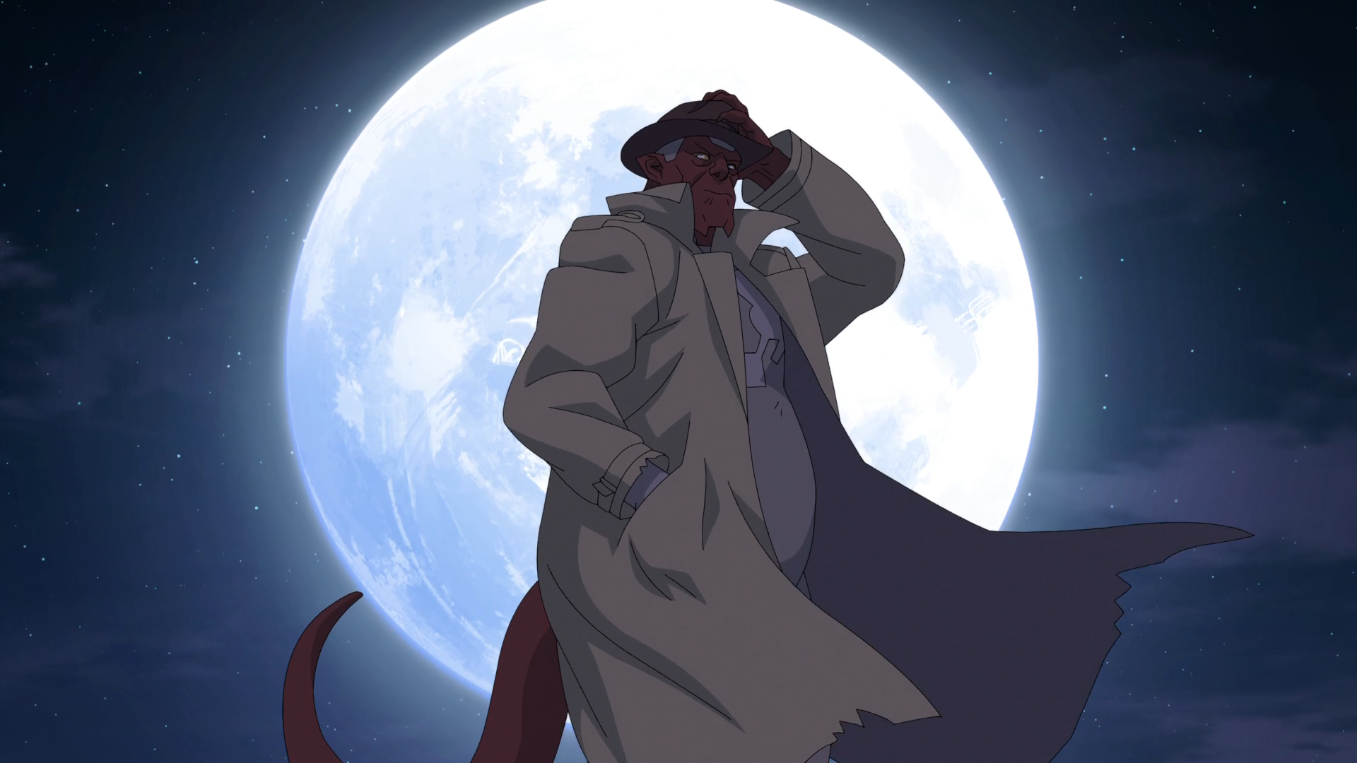Damien Darkblood em pé na frente da lua segurando seu chapéu em Invincible temporada 4