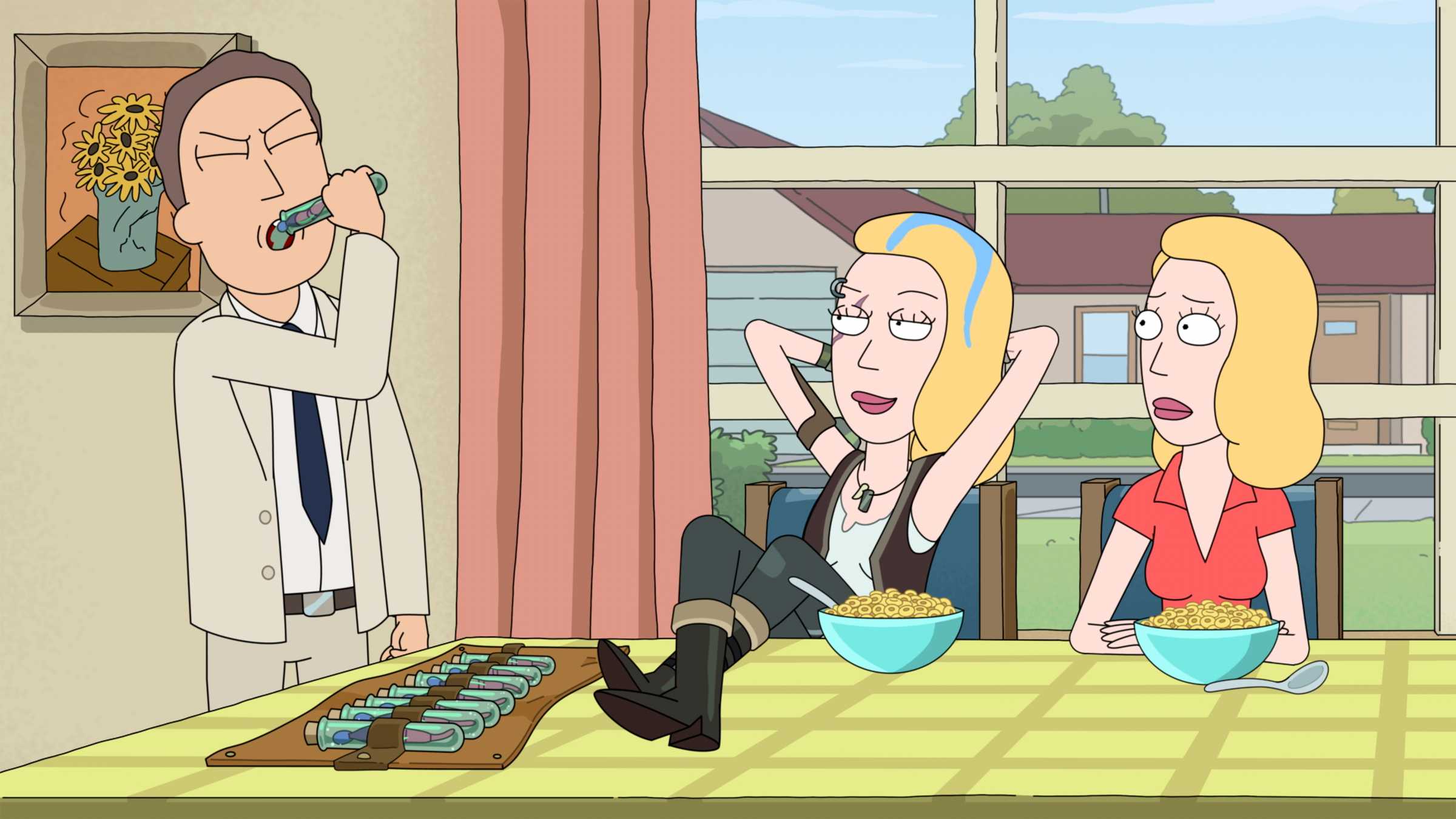 Jerry tomando os vermes da preocupação enquanto Space Beth se reclina casualmente, e Beth parece preocupada em Rick and Morty temporada 9