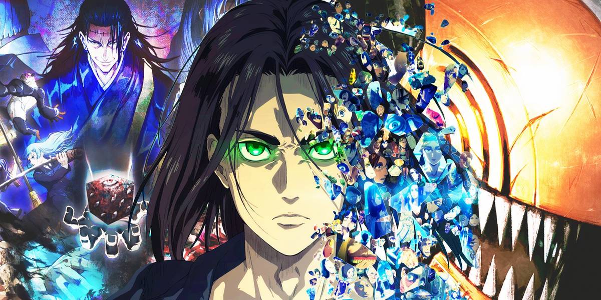 Uma colagem das séries de anime Jujutsu Kaisen, Attack on Titan e Chainsaw Man