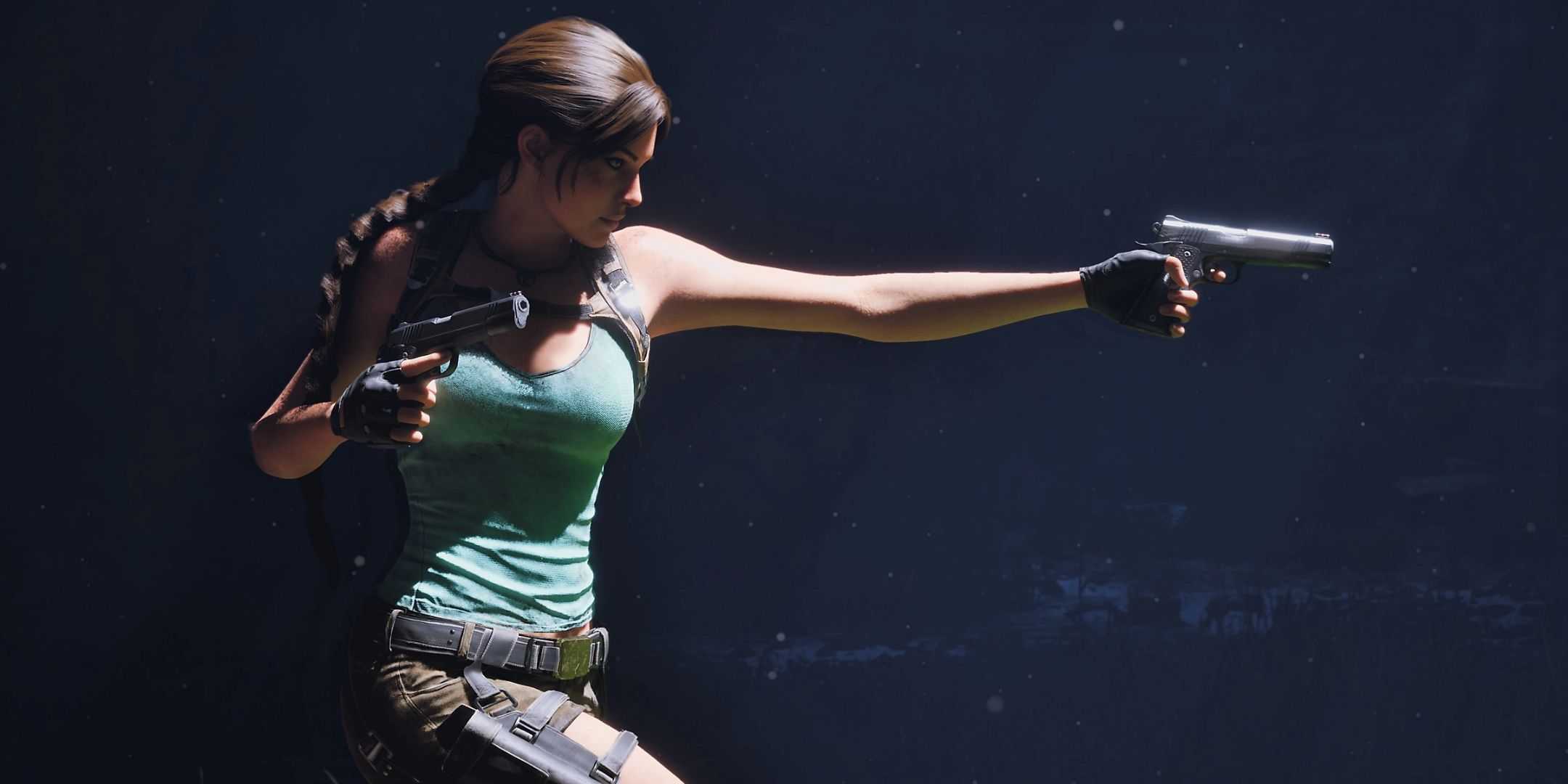 Lara Croft apontando uma arma em Tomb Raider Legacy of Atlantis