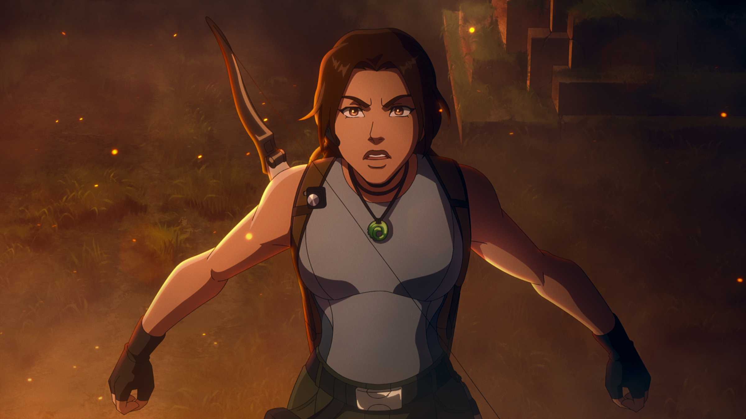 Lara Croft com fogo atrás dela em Netflix Tomb Raider The Legend of Lara Croft