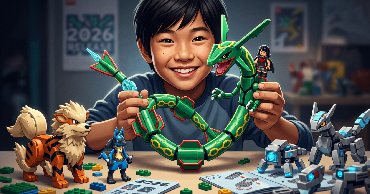 Minifigura de Zinnia ao lado do set de Rayquaza, com destaque para a Mega Stone na mão