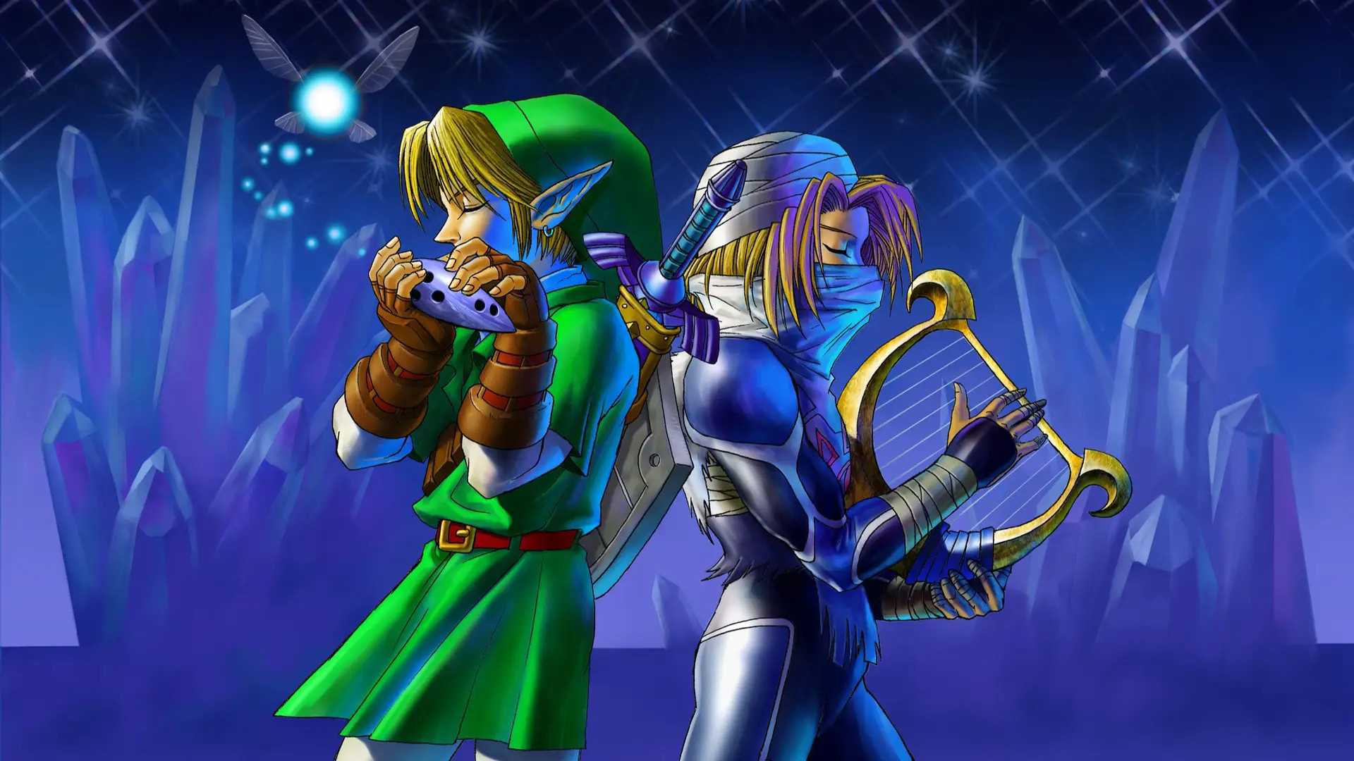 Link tocando um ocarina e Sheik tocando uma harpa em arte para The Legend of Zelda: Ocarina of Time