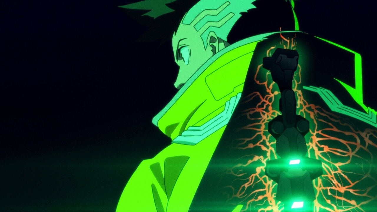 Cena de animação cyberpunk com personagem em ambiente urbano futurista e luzes neon