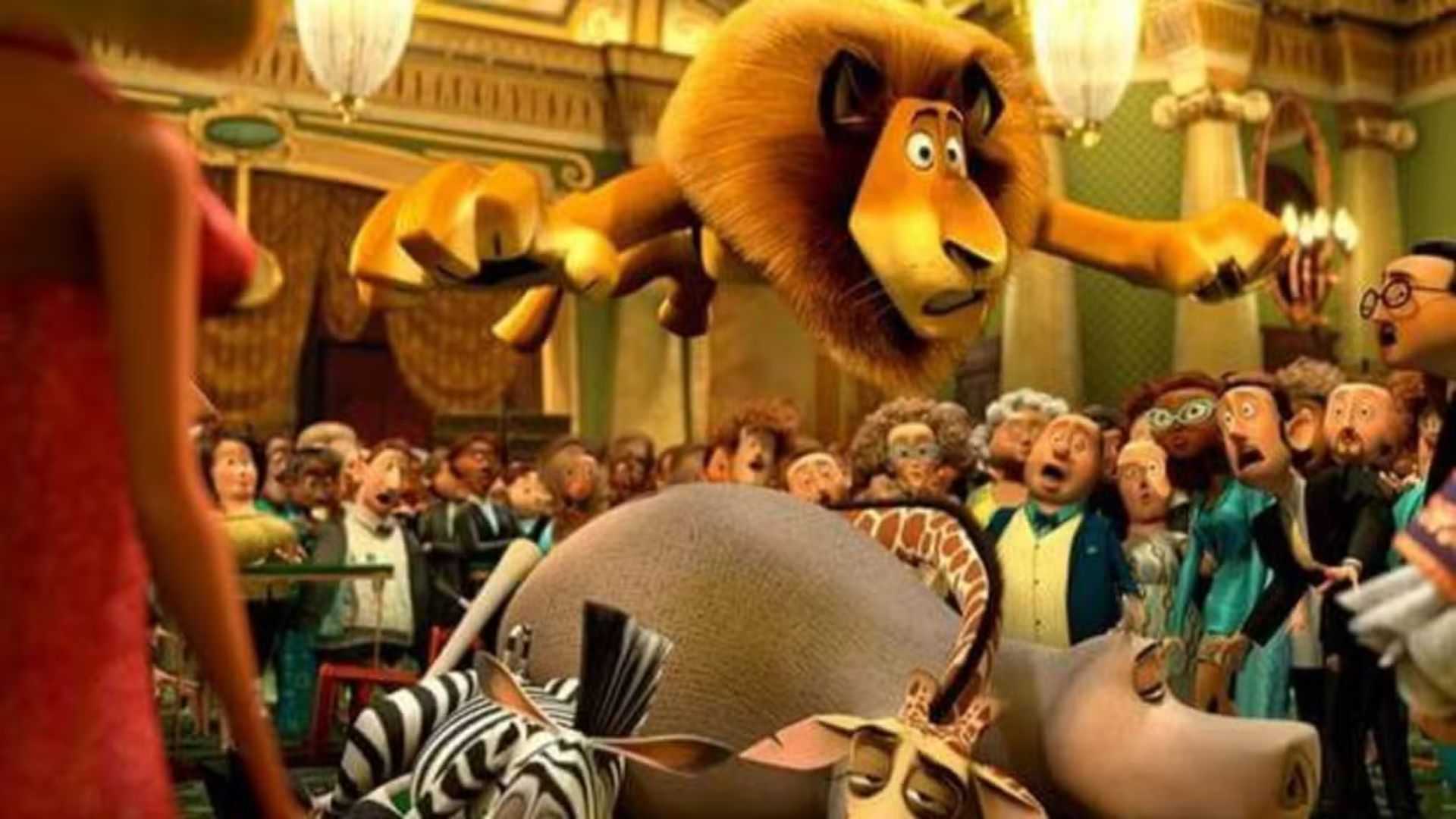 Cena de Madagascar 3 Europe's Most Wanted com todos os personagens principais caindo
