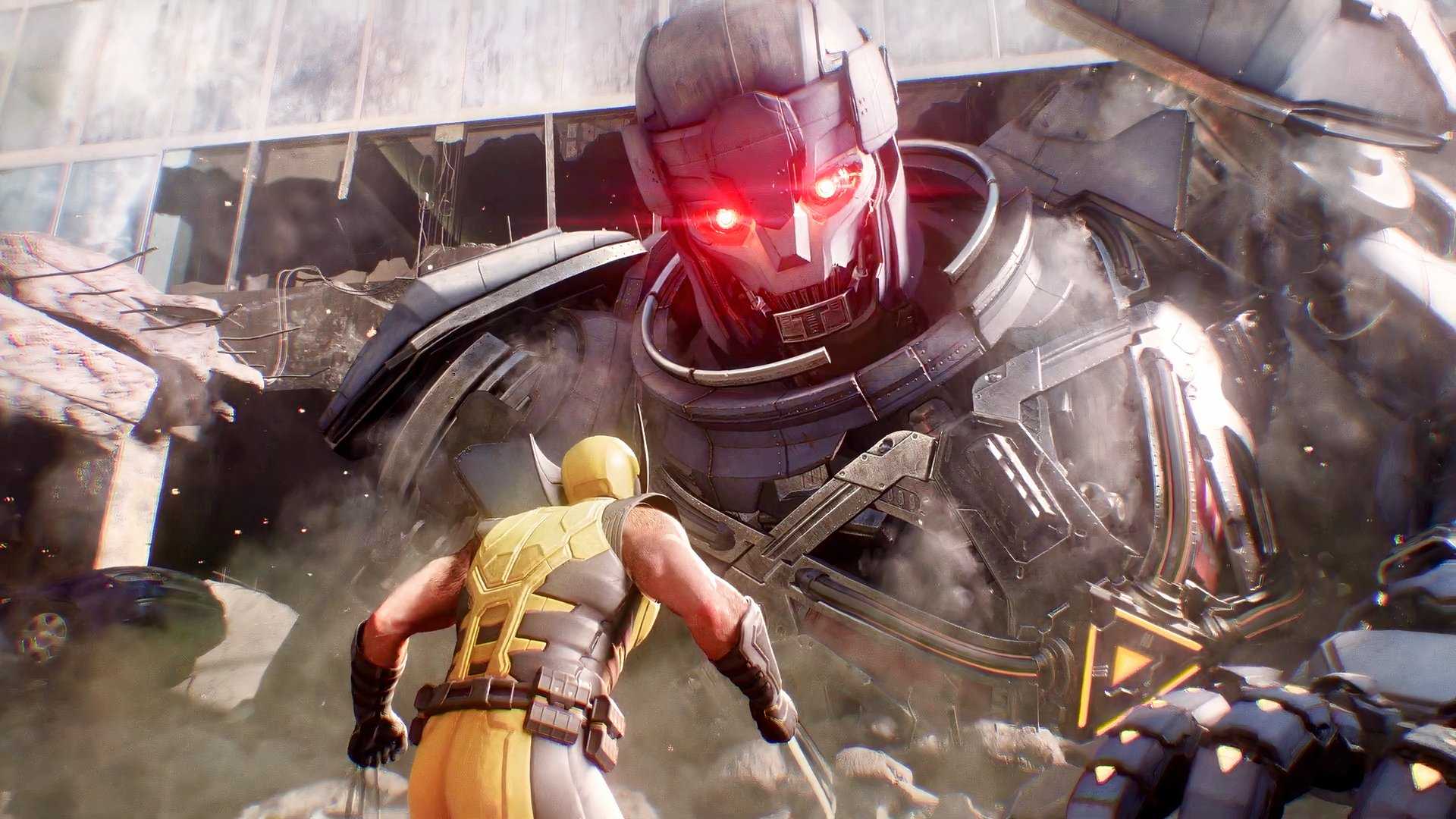 Wolverine olhando para cima para um Sentinel enquanto ele se ergue sobre ele e derruba um prédio em Marvel's Wolverine
