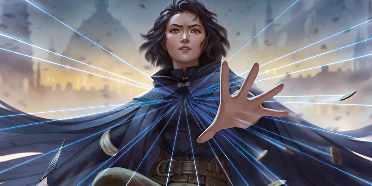 Uma maga estende a mão na capa de Mistborn The Deckbuilding Game
