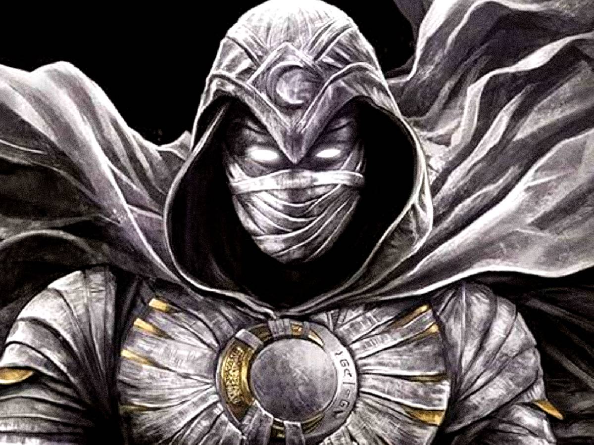 Arte promocional de Blade e Cavaleiro da Lua em clima sombrio, com tons vermelhos e brancos e atmosfera de horror urbano