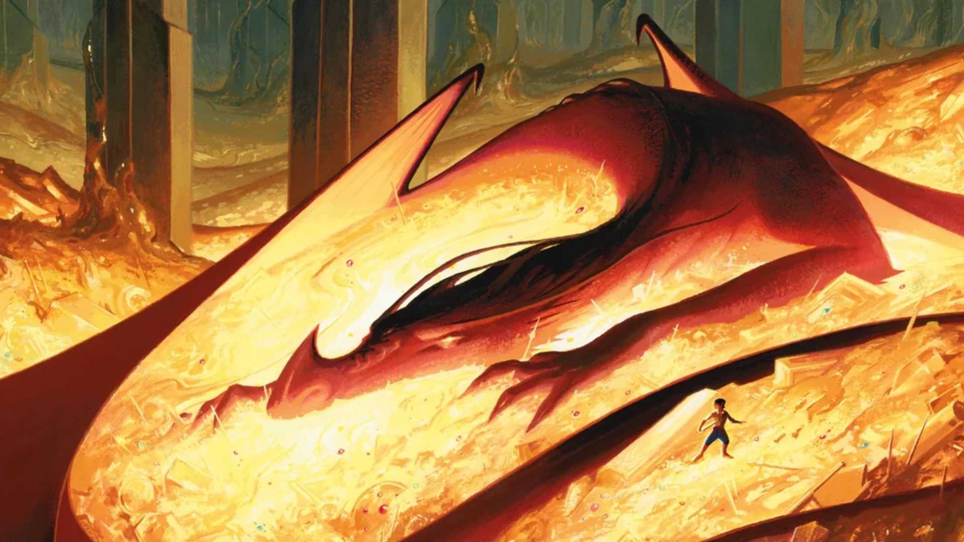 Arte do conjunto The Hobbit Magic: The Gathering mostrando Bilbo ao lado de um Smaug adormecido.